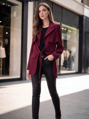 Boohoo (US 2) Tailored Tie Waist Blazer Wine Burgundy Cutout Lapel Jacket